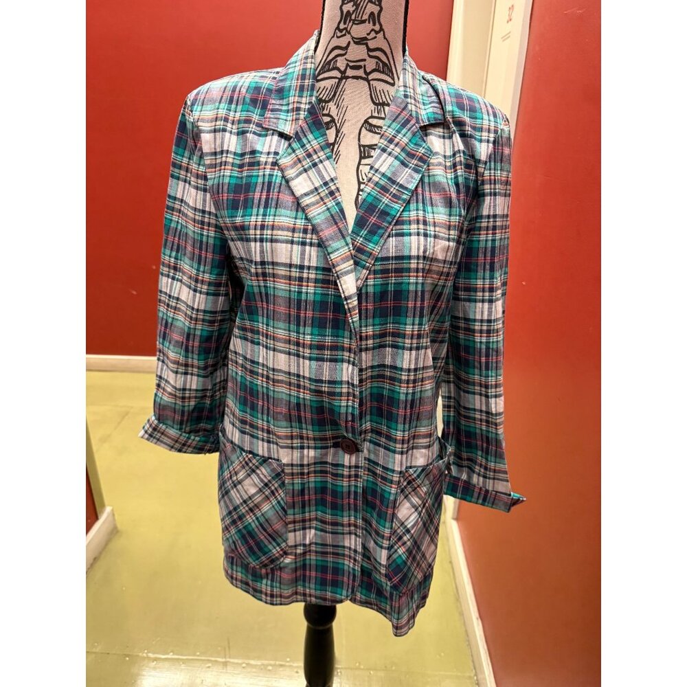 VTG 90s Bright Colors Plaid One-Button Suit Jacket Blazer 8
